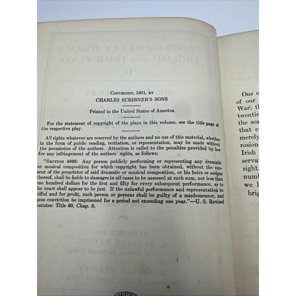 Contemporary Drama English and Irish Plays II Book by Watson & Pressey 1931 HC